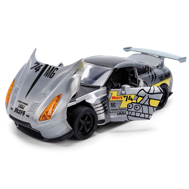 2009 Nissan GT-R (R35) Ben Sopra Brushed Metal with Black Top and Graphics and Mechagodzilla Diecast Figure "Godzilla" Franchise "Anime Hollywood Rides" Series 1/24 Diecast Model by Jada-Jada-ModelCars.com