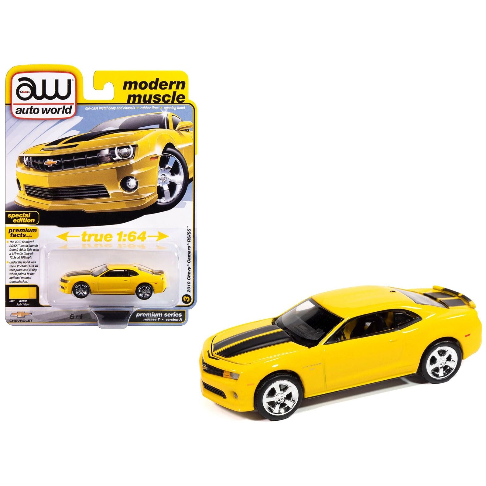 2010 Chevrolet Camaro RS/SS Rally Yellow with Black Stripes "Modern Muscle" Series 1/64 Diecast Model Car by Auto World - Autoworld - ModelCars.com