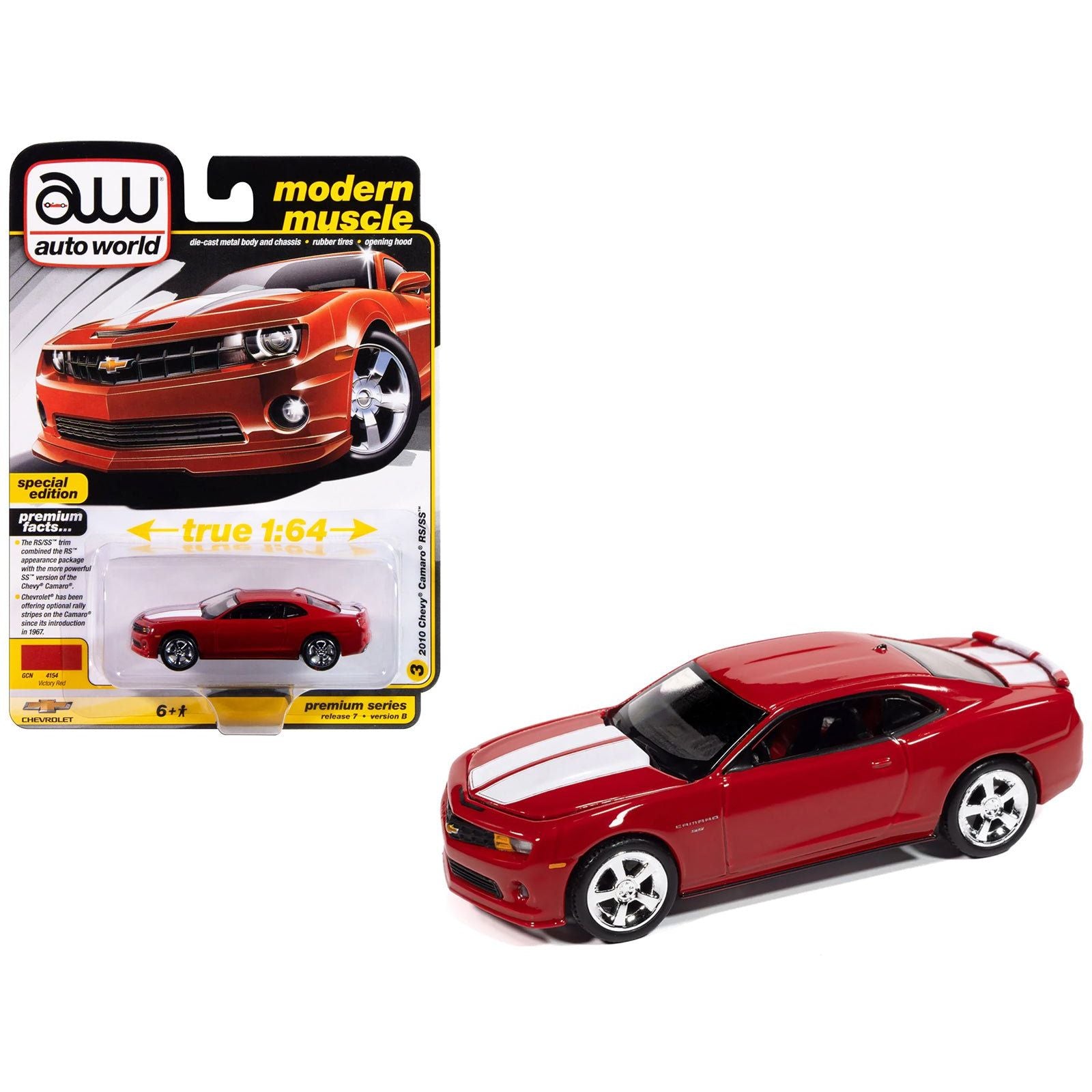 2010 Chevrolet Camaro RS/SS Victory Red with White Stripes "Modern Muscle" Series 1/64 Diecast Model Car by Auto World - Autoworld - ModelCars.com