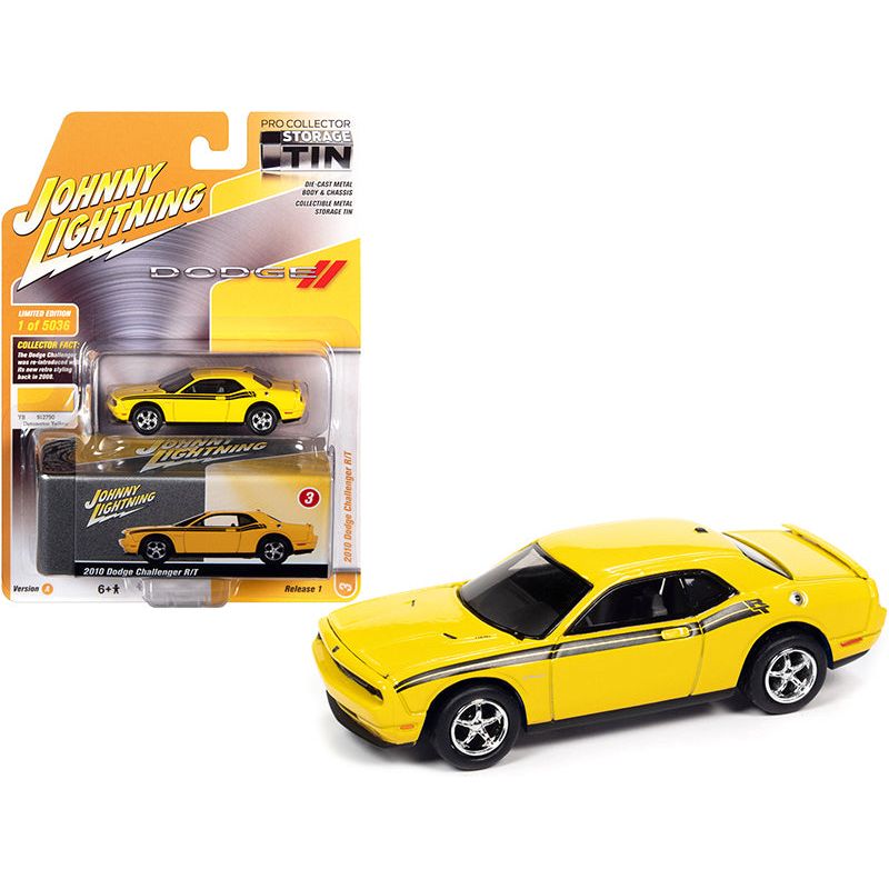 2010 Dodge Challenger R/T Detonator Yellow with Black Stripes and Collector Tin Limited Edition to 5036 pieces Worldwide 1/64 Diecast Model Car by Johnny Lightning - Johnny Lightning - ModelCars.com