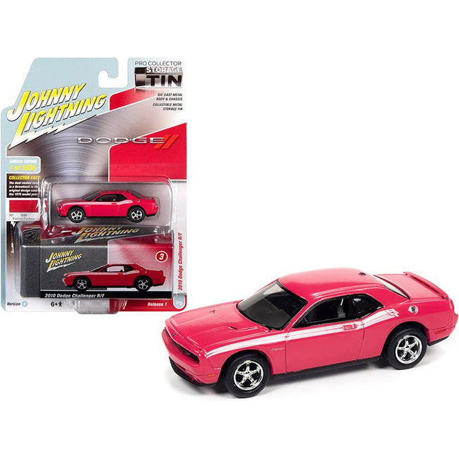 2010 Dodge Challenger R/T Furious Fuchsia Pink with White Stripes and Collector Tin Limited Edition to 5036 pieces Worldwide 1/64 Diecast Model Car by Johnny Lightning - Johnny Lightning - ModelCars.com