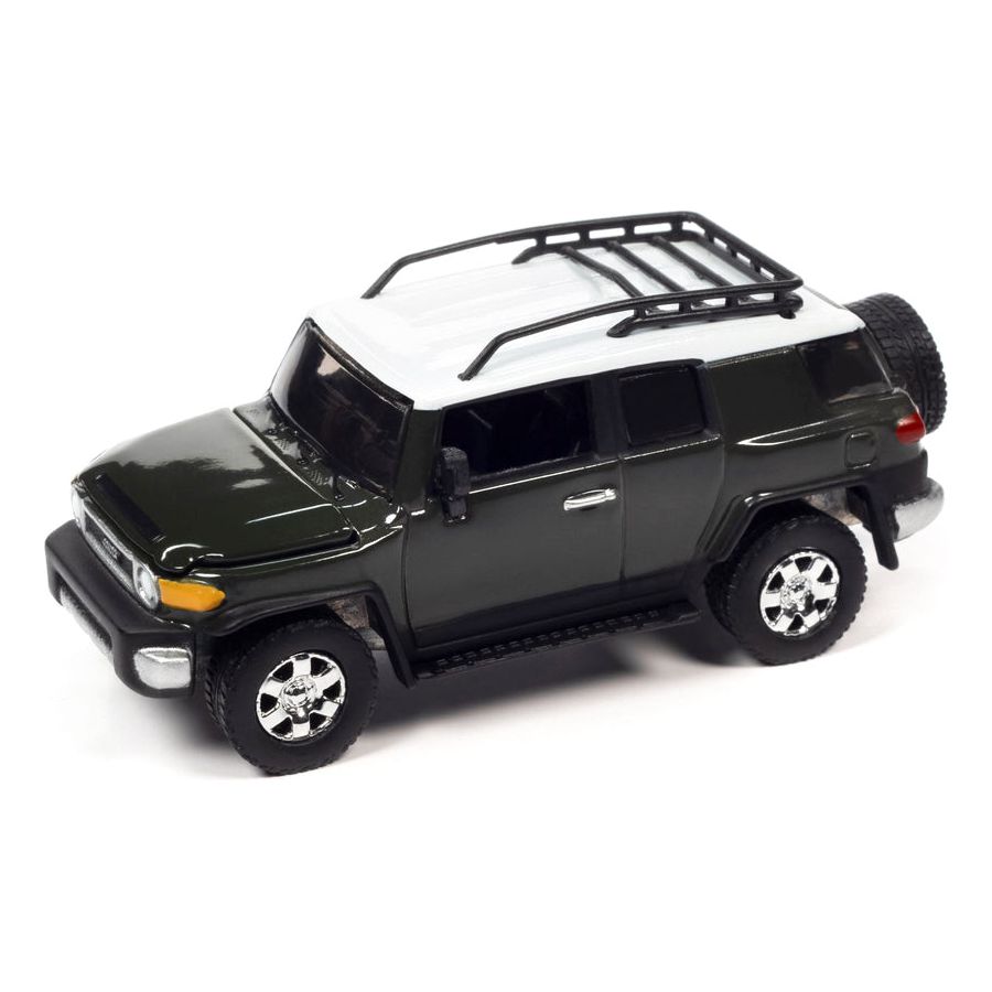 2010 Toyota FJ Cruiser Dark Green with White Top and Roof Rack with Camping Trailer Limited Edition to 7360 pieces Worldwide "Tow & Go" Series 1/64 Diecast Model Car by Johnny Lightning-Johnny Lightning-ModelCars.com