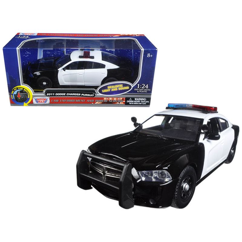 2011 Dodge Charger Pursuit Police Car Black and White with Flashing Light Bar and Front and Rear Lights and 2 Sounds 1/24 Diecast Model Car by Motormax - Motormax - ModelCars.com