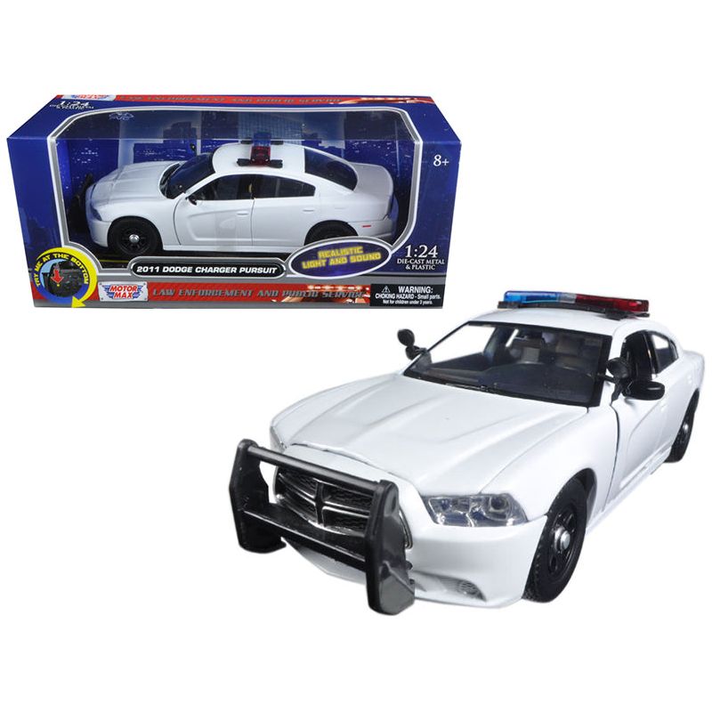 2011 Dodge Charger Pursuit Police Car White with Flashing Light Bar, Front and Rear Lights and 2 Sounds 1/24 Diecast Model Car by Motormax - Motormax - ModelCars.com