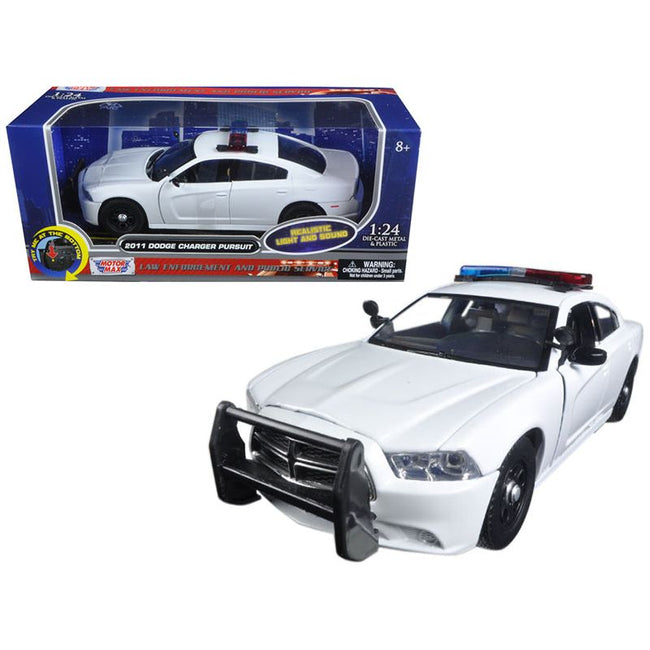 2011 Dodge Charger Pursuit Police Car White with Flashing Light Bar, Front and Rear Lights and 2 Sounds 1/24 Diecast Model Car by Motormax - Motormax - ModelCars.com