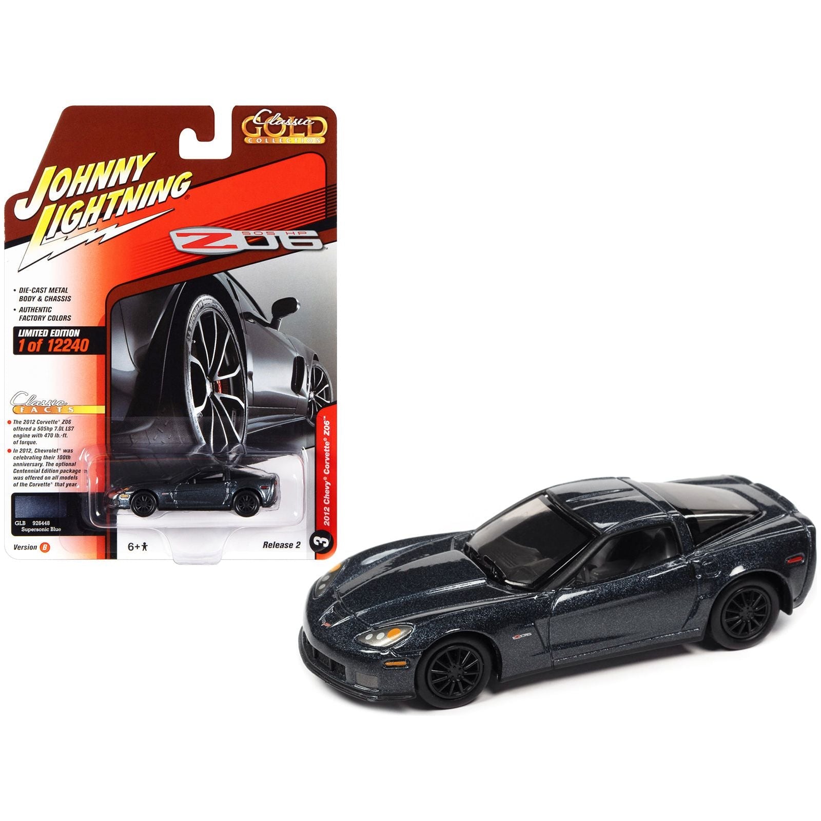 2012 Chevrolet Corvette Z06 Supersonic Blue Metallic "Classic Gold Collection" Series Limited Edition to 12240 pieces Worldwide 1/64 Diecast Model Car by Johnny Lightning - Johnny Lightning - ModelCars.com