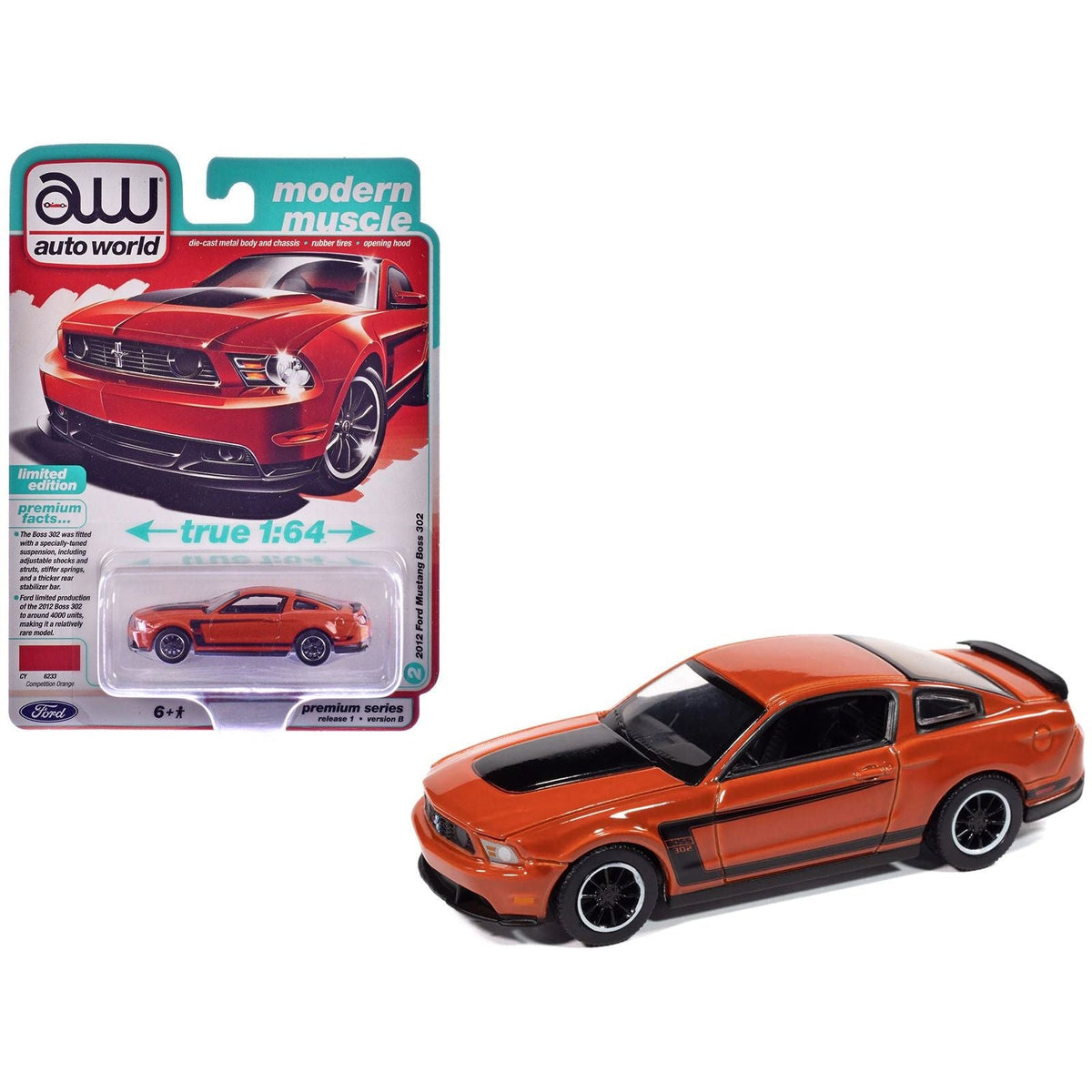 2012 Ford Mustang Boss 302 Competition Orange with Black Accents "Modern Muscle" Series 1/64 Diecast Model Car by Auto World-Autoworld-ModelCars.com