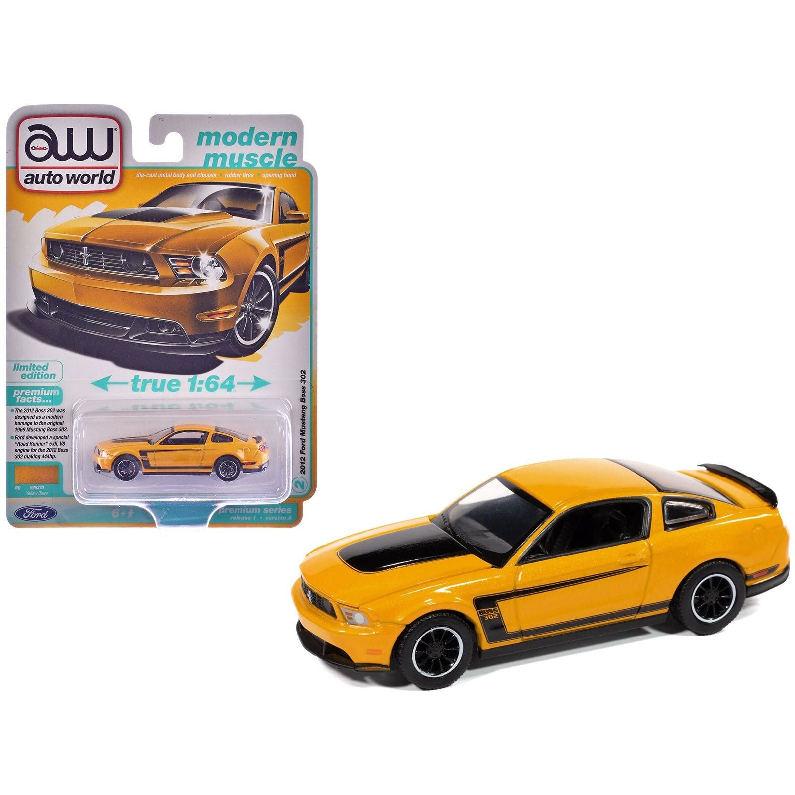 2012 Ford Mustang Boss 302 Yellow Blaze with Black Accents "Modern Muscle" Series 1/64 Diecast Model Car by Auto World - Autoworld - ModelCars.com