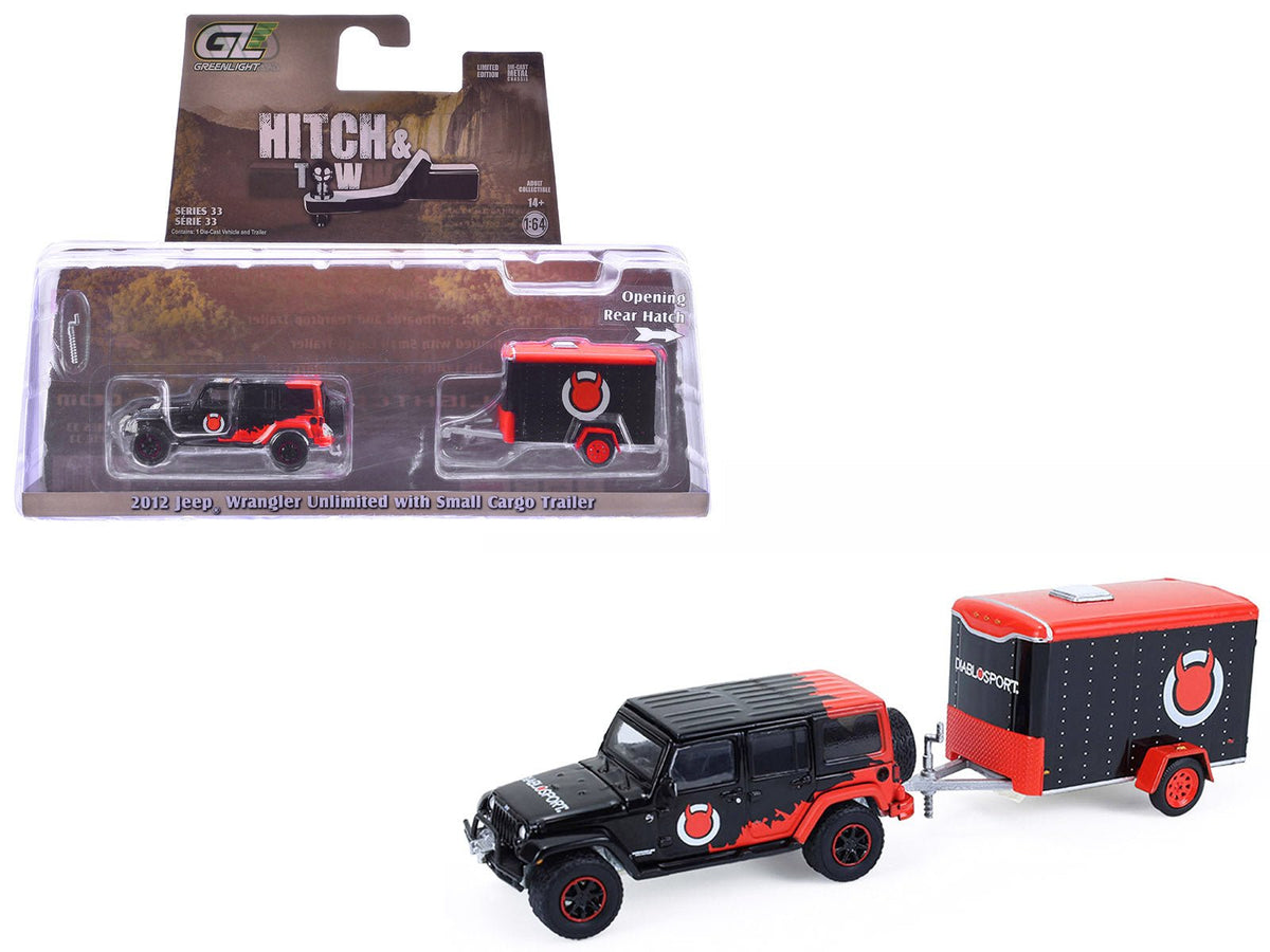 2012 Jeep Wrangler Unlimited "Diablo Sport" Black with Red Graphics and Small Cargo Trailer "Hitch & Tow" Series 33 1/64 Diecast Model Cars by Greenlight-Greenlight-ModelCars.com