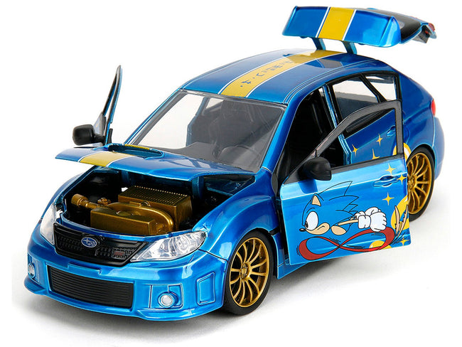 2012 Subaru Impreza WRX STI Blue Metallic with Graphics and Sonic The Hedgehog Diecast Figure "Sonic The Hedgehog" "Hollywood Rides" Series 1/24 Diecast Model Car by Jada-Jada-ModelCars.com