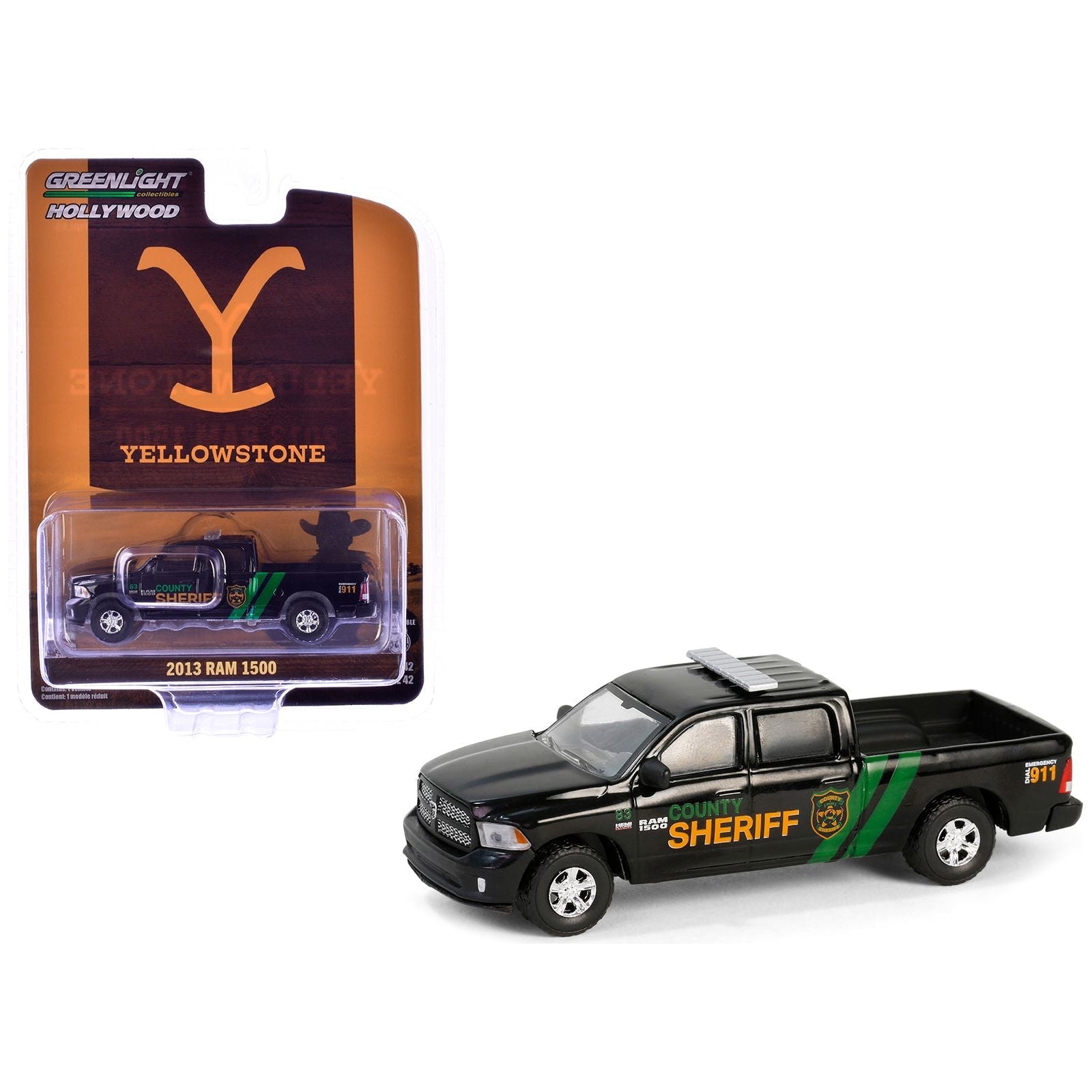 2013 Ram 1500 Pickup Truck "County Sheriff" Black with Green Stripes "Yellowstone" (2018–Current) TV Series "Hollywood Series" Release 42 1/64 Diecast Model Car by Greenlight - Greenlight - ModelCars.com
