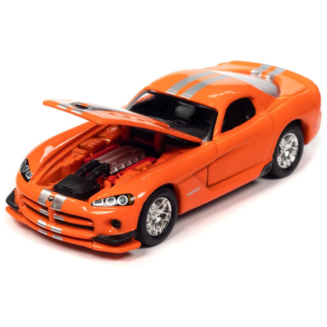 2014 Dodge Challenger R/T "Hellephant" Silver Metallic with Red Stripes and Graphics and 2008 Dodge Viper SRT10 Orange with Silver Stripes "MOPAR" Set of 2 Cars "2 - Packs" 2023 Release 1 1/64 Diecast Model Cars by Johnny Lightning - Johnny Lightning - ModelCars.com