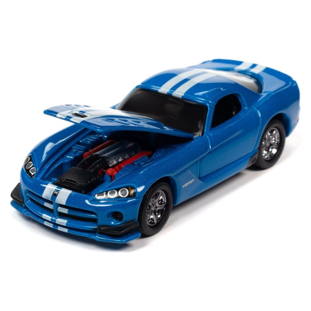 2014 Dodge Challenger R/T White with Blue Stripes and Graphics and 2008 Dodge Viper SRT10 Blue Metallic with White Stripes "MOPAR" Set of 2 Cars "2-Packs" 2023 Release 1 1/64 Diecast Model Cars by Johnny Lightning-Johnny Lightning-ModelCars.com