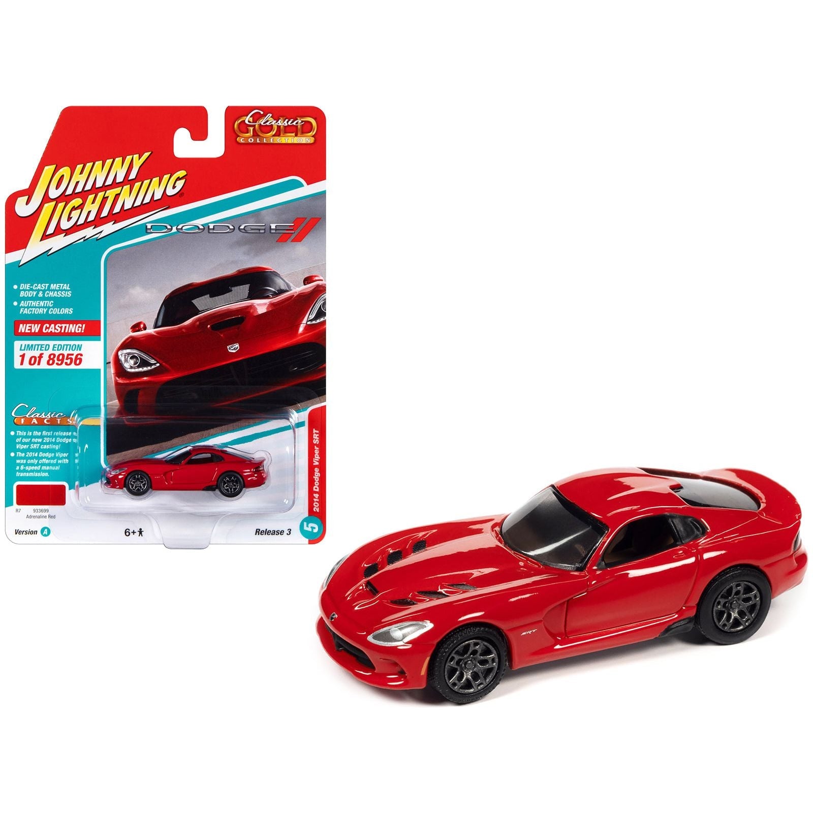 2014 Dodge Viper SRT Adrenaline Red "Classic Gold Collection" Series Limited Edition to 8956 pieces Worldwide 1/64 Diecast Model Car by Johnny Lightning - Johnny Lightning - ModelCars.com