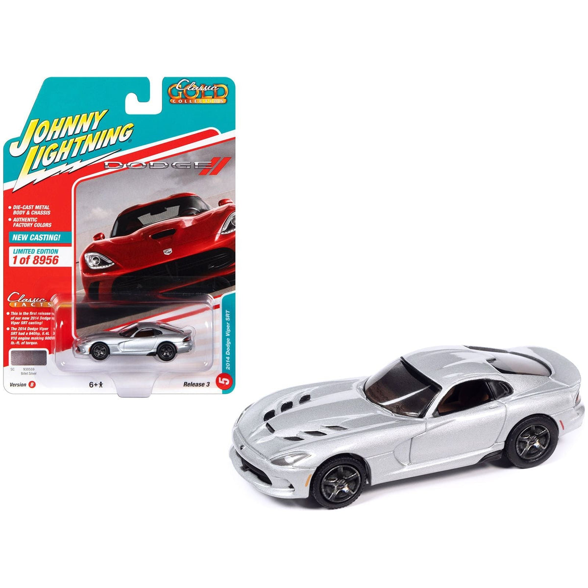 2014 Dodge Viper SRT Billet Silver Metallic "Classic Gold Collection" Series Limited Edition to 8956 pieces Worldwide 1/64 Diecast Model Car by Johnny Lightning-Johnny Lightning-ModelCars.com