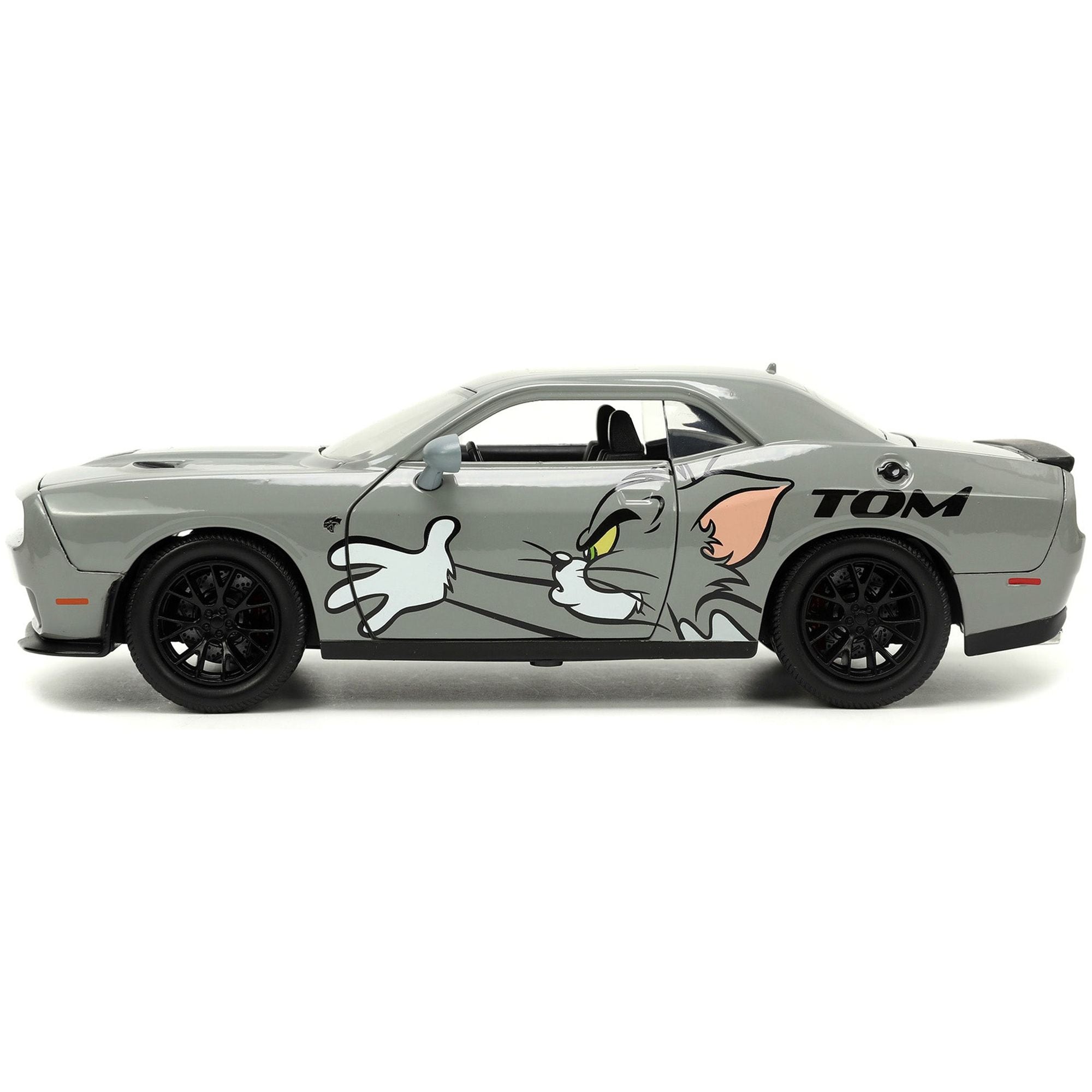 2015 Dodge Challenger Hellcat Gray with "Tom" Graphics and Jerry Diecast Figure "Tom and Jerry" "Hollywood Rides" Series 1/24 Diecast Model Car by Jada - Jada - ModelCars.com