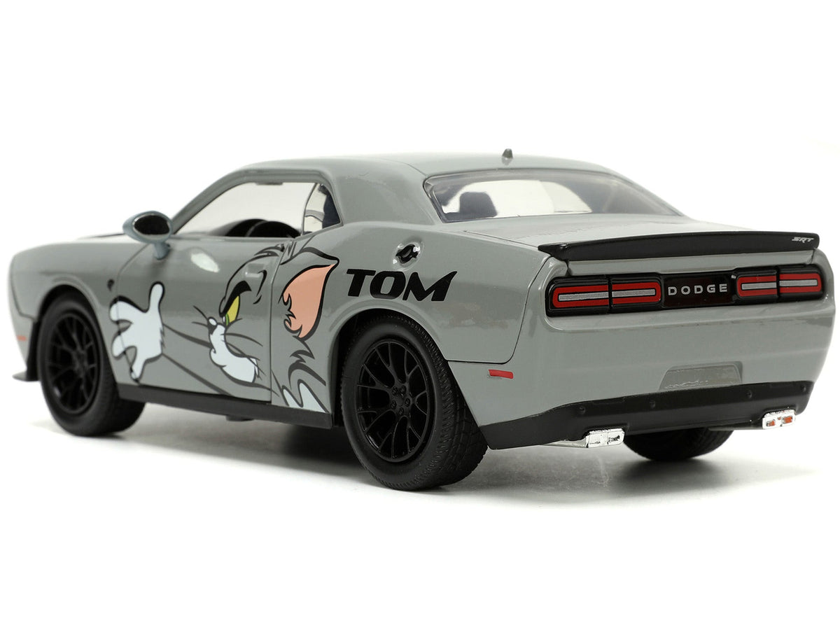 2015 Dodge Challenger Hellcat Gray with "Tom" Graphics and Jerry Diecast Figure "Tom and Jerry" "Hollywood Rides" Series 1/24 Diecast Model Car by Jada-Jada-ModelCars.com