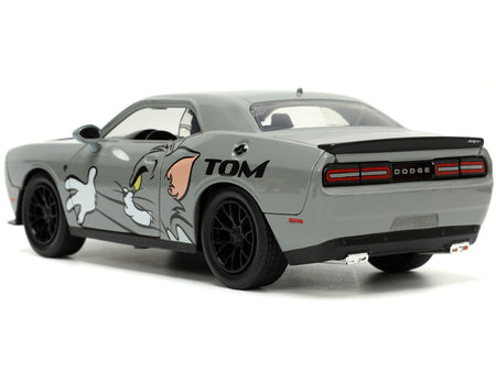 2015 Dodge Challenger Hellcat Gray with "Tom" Graphics and Jerry Diecast Figure "Tom and Jerry" "Hollywood Rides" Series 1/24 Diecast Model Car by Jada-Jada-ModelCars.com