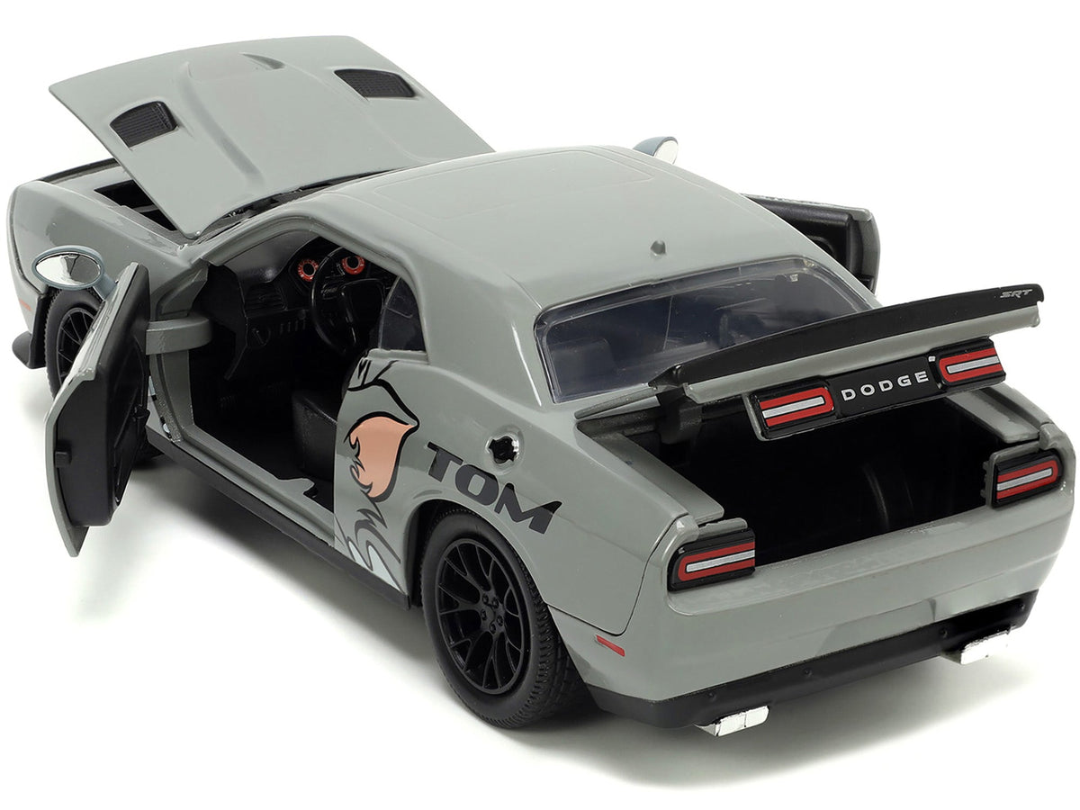 2015 Dodge Challenger Hellcat Gray with "Tom" Graphics and Jerry Diecast Figure "Tom and Jerry" "Hollywood Rides" Series 1/24 Diecast Model Car by Jada-Jada-ModelCars.com