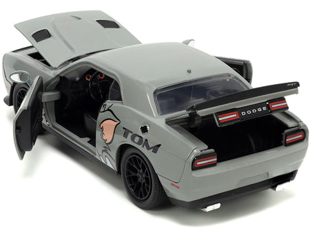 2015 Dodge Challenger Hellcat Gray with "Tom" Graphics and Jerry Diecast Figure "Tom and Jerry" "Hollywood Rides" Series 1/24 Diecast Model Car by Jada-Jada-ModelCars.com