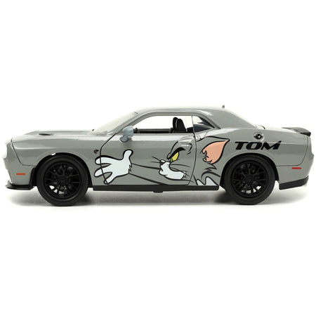 2015 Dodge Challenger Hellcat Gray with "Tom" Graphics and Jerry Diecast Figure "Tom and Jerry" "Hollywood Rides" Series 1/24 Diecast Model Car by Jada-Jada-ModelCars.com