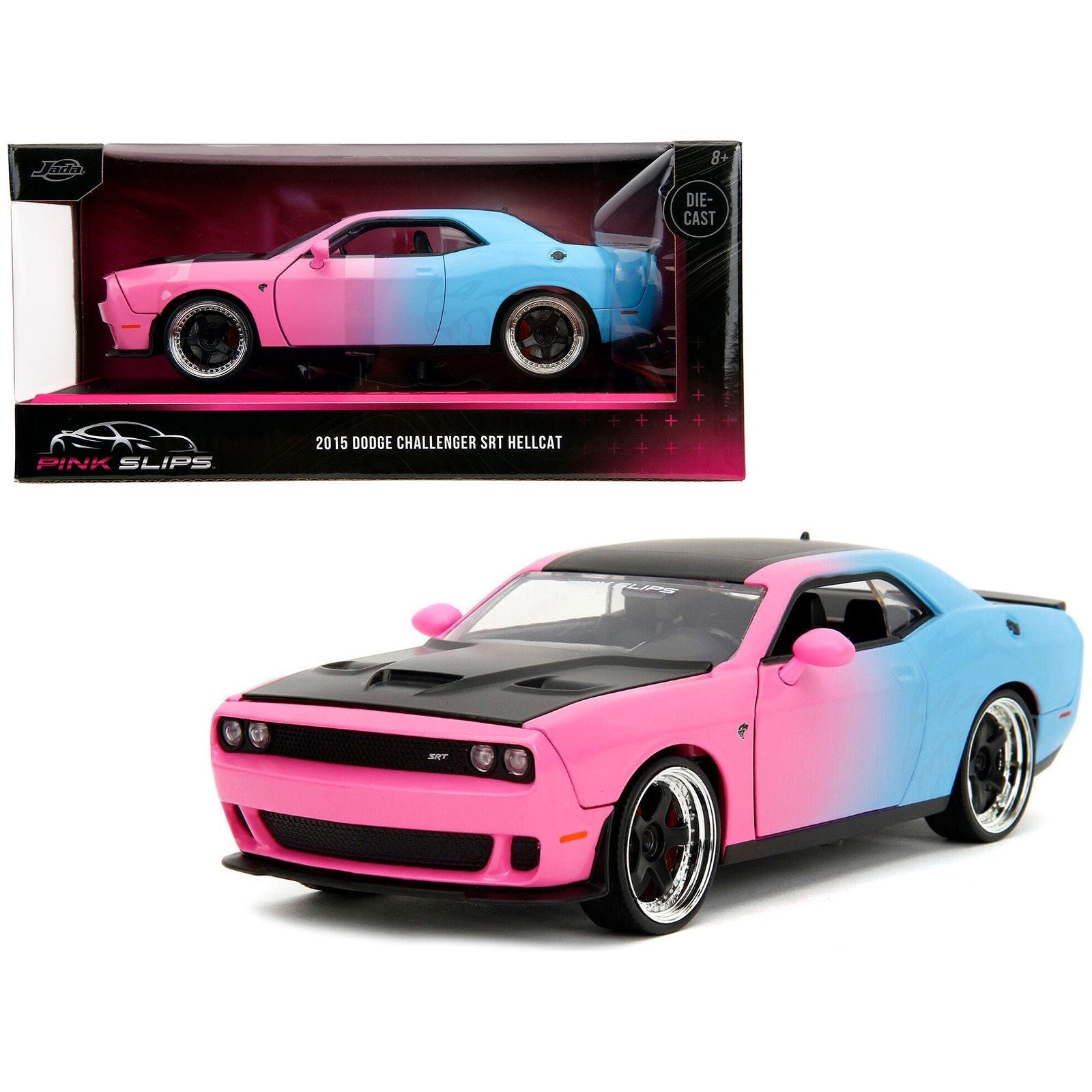 2015 Dodge Challenger SRT Hellcat Pink and Blue Gradient with Matt Black Hood and Top "Pink Slips" Series 1/24 Diecast Model Car by Jada - Jada - ModelCars.com