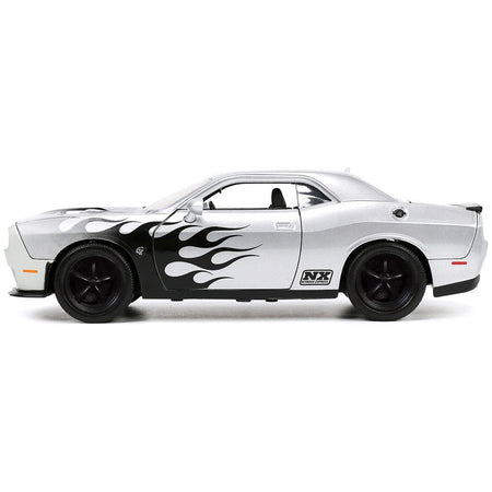 2015 Dodge Challenger SRT Hellcat Silver Metallic with Flames "Nitrous Express" "Bigtime Muscle" Series 1/24 Diecast Model Car by Jada-Jada-ModelCars.com