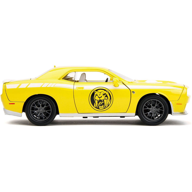 2015 Dodge Challenger SRT Hellcat Yellow with Graphics and Yellow Ranger Diecast Figure "Power Rangers" "Hollywood Rides" Series 1/24 Diecast Model Car by Jada-Jada-ModelCars.com