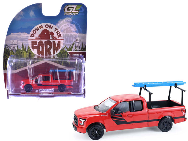 2015 Ford F-150 Pickup Truck with Ladder Rack Red with Black Stripes "Down on the Farm" Series 11 1/64 Diecast Model by Greenlight-Greenlight-ModelCars.com