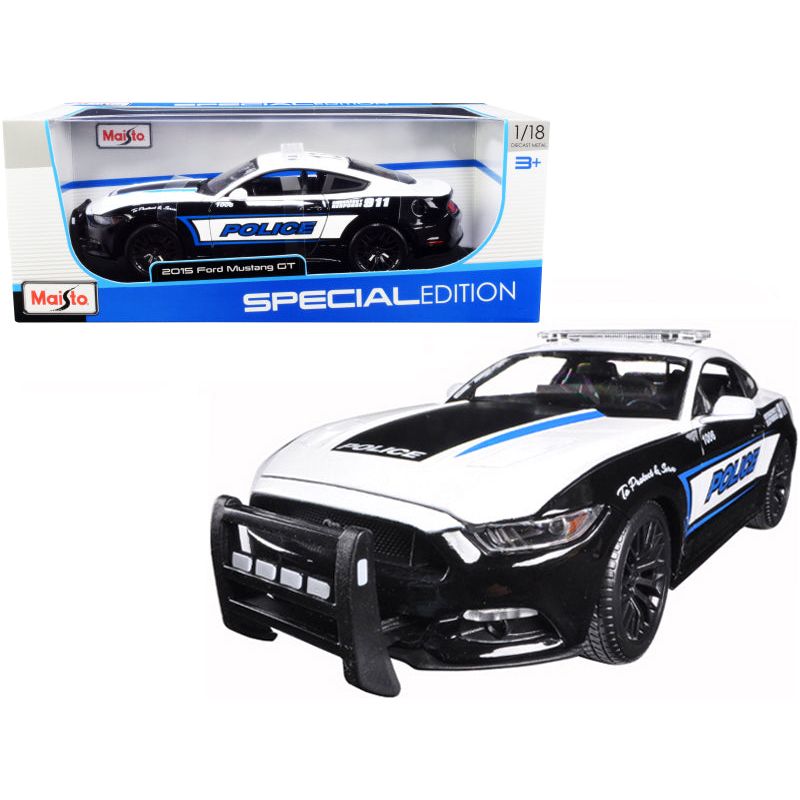 2015 Ford Mustang GT 5.0 Police Car Black and White with Blue Stripes 1/18 Diecast Model Car by Maisto - Maisto - ModelCars.com