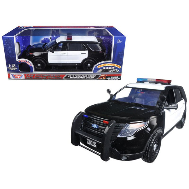 2015 Ford Police Interceptor Utility Black and White with Flashing Light Bar and Front and Rear Lights and 2 Sounds 1/18 Diecast Model Car by Motormax - Motormax - ModelCars.com
