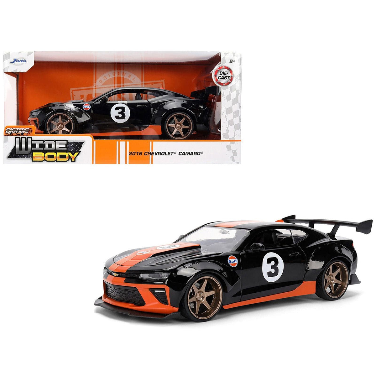 2016 Chevrolet Camaro #3 "Gulf Oil" Black with Orange Stripe "Wide Body" Series 1/24 Diecast Model Car by Jada-Jada-ModelCars.com