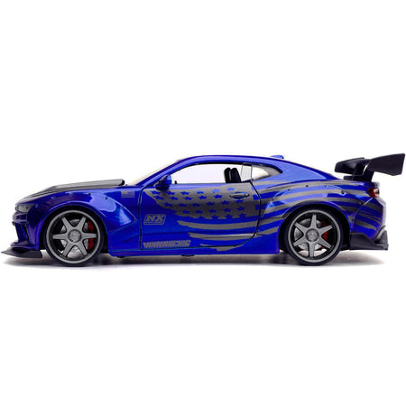 2016 Chevrolet Camaro Widebody Candy Blue with Gray Metallic Hood and American Flag Graphics "Bigtime Muscle" Series 1/24 Diecast Model Car by Jada-Jada-ModelCars.com
