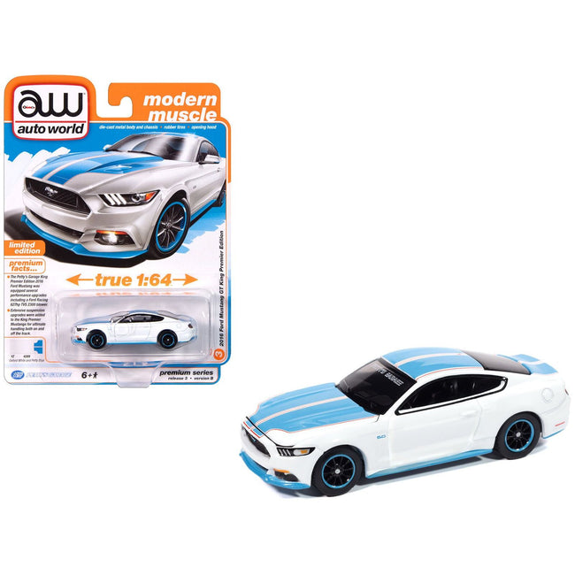2016 Ford Mustang GT King Premier Edition "Petty's Garage" Oxford White with Petty Blue Stripes "Modern Muscle" Series 1/64 Diecast Model Car by Auto World - Autoworld - ModelCars.com