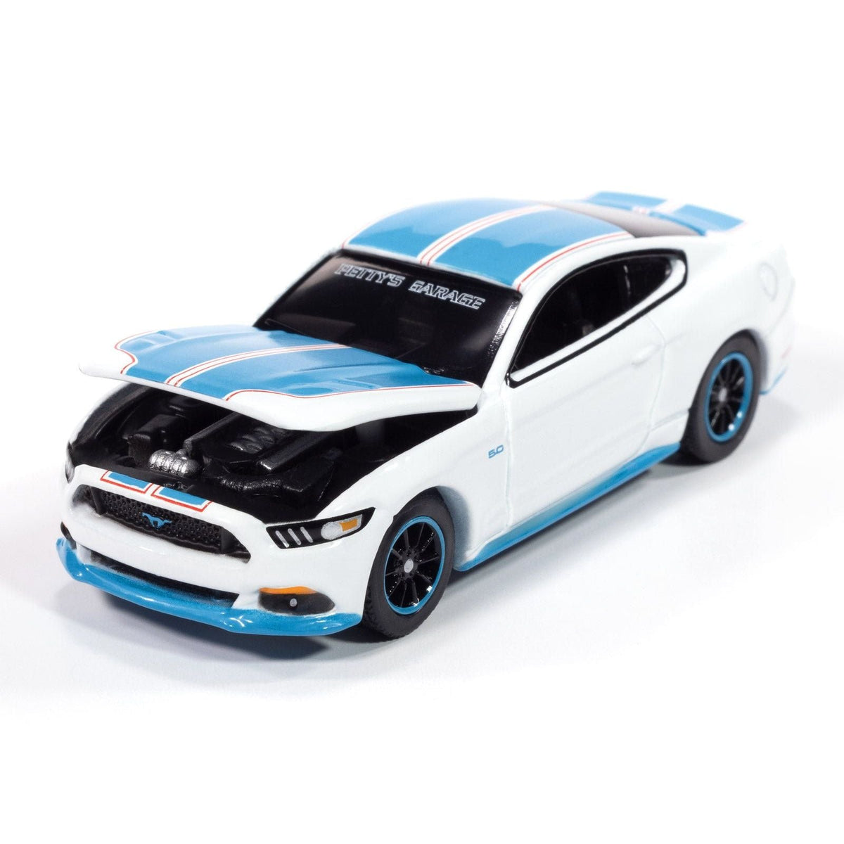 2016 Ford Mustang GT King Premier Edition "Petty's Garage" Oxford White with Petty Blue Stripes "Modern Muscle" Series 1/64 Diecast Model Car by Auto World-Autoworld-ModelCars.com