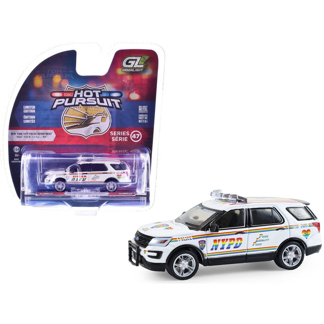 2016 Ford Police Interceptor Utility "New York Police Department (NYPD) Pride Livery" White with Rainbow Stripes "Hot Pursuit" Series 47 1/64 Diecast Model Car by Greenlight-Greenlight-ModelCars.com