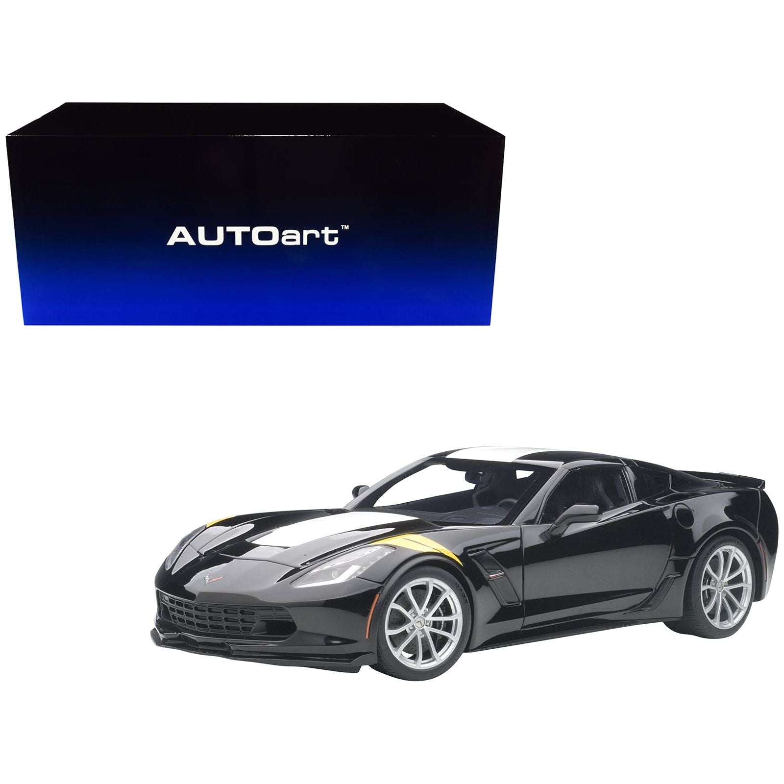 2017 Chevrolet Corvette C7 Grand Sport Black with White Stripe and Yellow Fender Hash Marks 1/18 Model Car by Autoart - Autoart - ModelCars.com