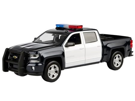 2017 Chevrolet Silverado 1500 LT Z71 Crew Cab Pickup Truck Black and White with Flashing Light Bar and Front and Rear Lights and Sounds 1/27 Diecast Model Car by Motormax-Motormax-ModelCars.com