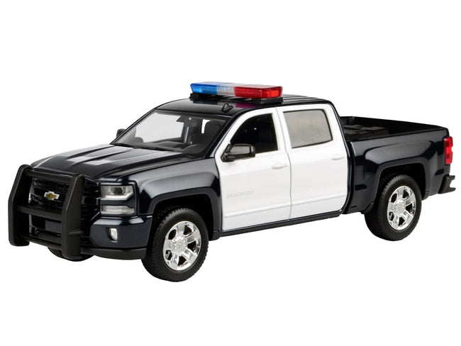 2017 Chevrolet Silverado 1500 LT Z71 Crew Cab Pickup Truck Black and White with Flashing Light Bar and Front and Rear Lights and Sounds 1/27 Diecast Model Car by Motormax-Motormax-ModelCars.com