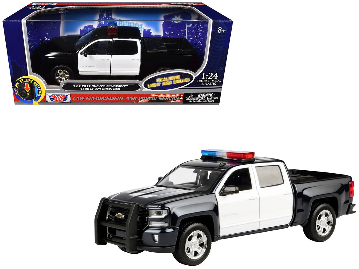 2017 Chevrolet Silverado 1500 LT Z71 Crew Cab Pickup Truck Black and White with Flashing Light Bar and Front and Rear Lights and Sounds 1/27 Diecast Model Car by Motormax-Motormax-ModelCars.com