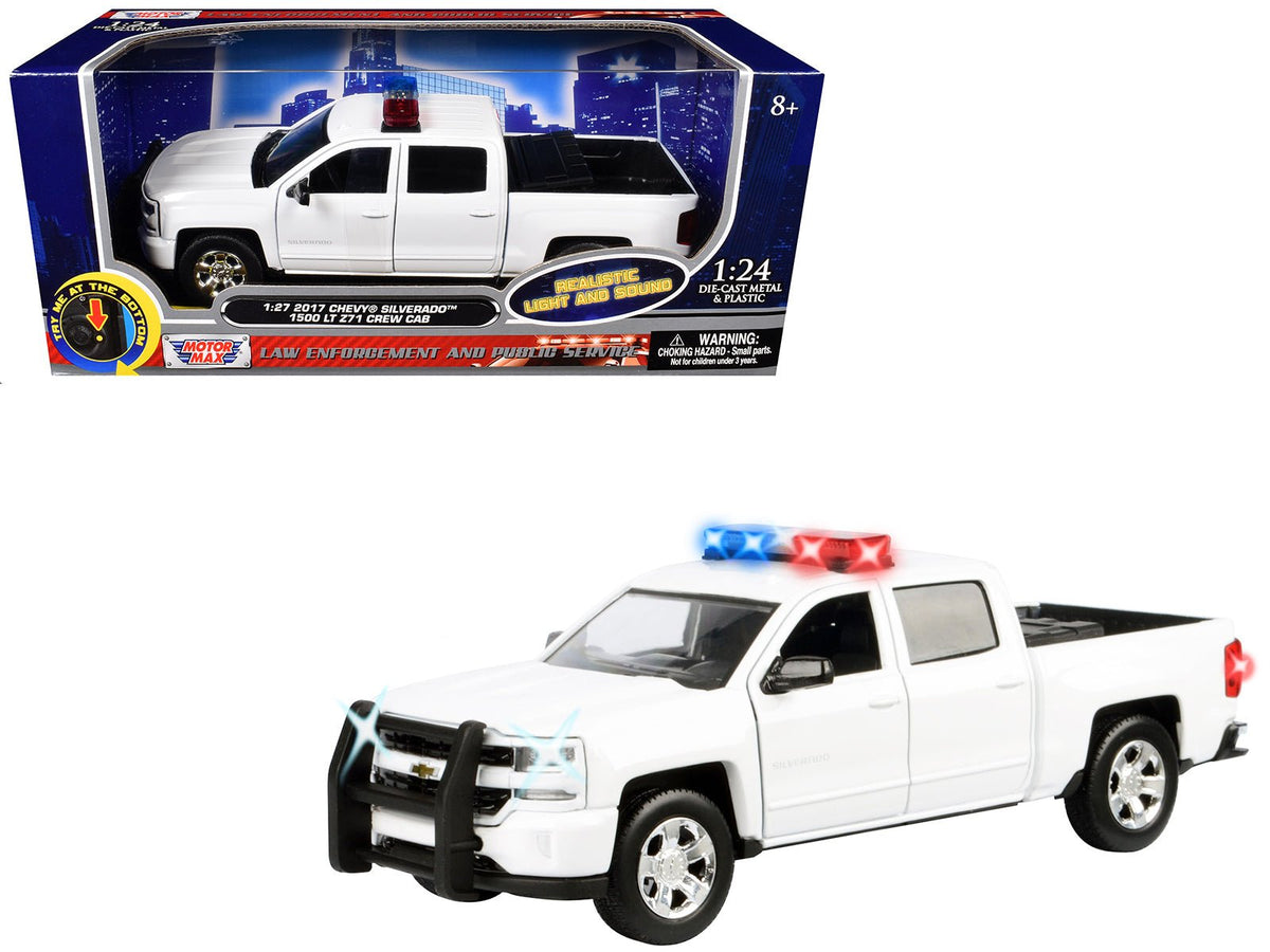 2017 Chevrolet Silverado 1500 LT Z71 Crew Cab Pickup Truck White with Flashing Light Bar and Front and Rear Lights and Sounds 1/27 Diecast Model Car by Motormax-Motormax-ModelCars.com