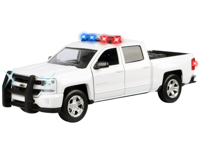 2017 Chevrolet Silverado 1500 LT Z71 Crew Cab Pickup Truck White with Flashing Light Bar and Front and Rear Lights and Sounds 1/27 Diecast Model Car by Motormax-Motormax-ModelCars.com