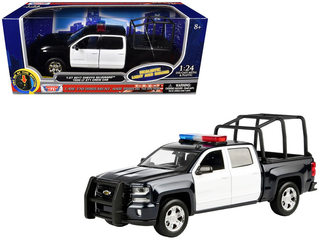 2017 Chevrolet Silverado 1500 LT Z71 Crew Cab Pickup Truck with Bed Cage Black and White with Flashing Light Bar and Front and Rear Lights and Sounds 1/27 Diecast Model Car by Motormax-Motormax-ModelCars.com