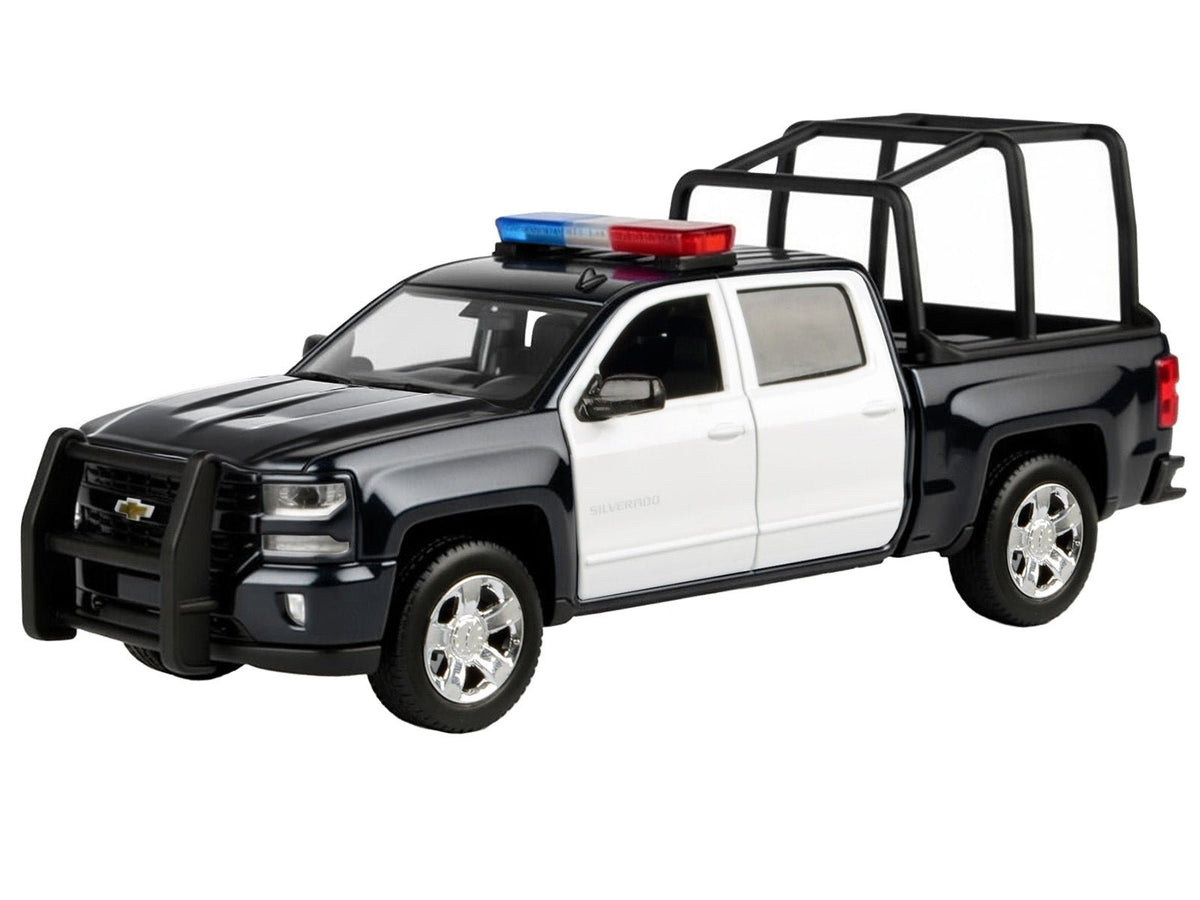 2017 Chevrolet Silverado 1500 LT Z71 Crew Cab Pickup Truck with Bed Cage Black and White with Flashing Light Bar and Front and Rear Lights and Sounds 1/27 Diecast Model Car by Motormax-Motormax-ModelCars.com