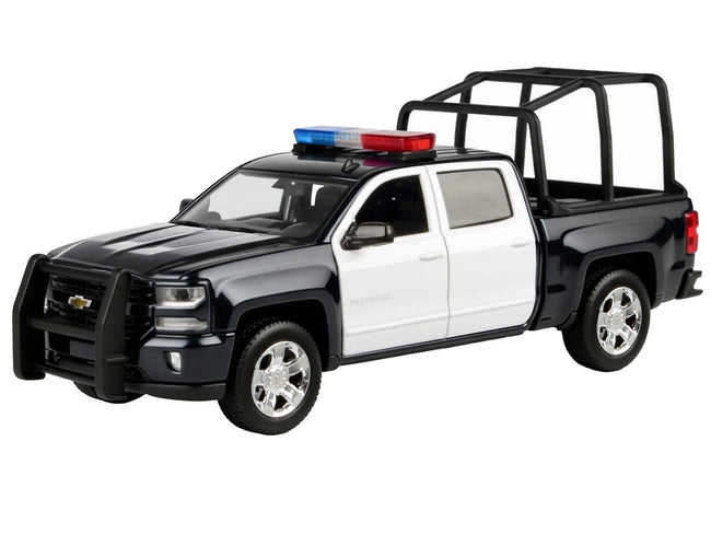 2017 Chevrolet Silverado 1500 LT Z71 Crew Cab Pickup Truck with Bed Cage Black and White with Flashing Light Bar and Front and Rear Lights and Sounds 1/27 Diecast Model Car by Motormax-Motormax-ModelCars.com