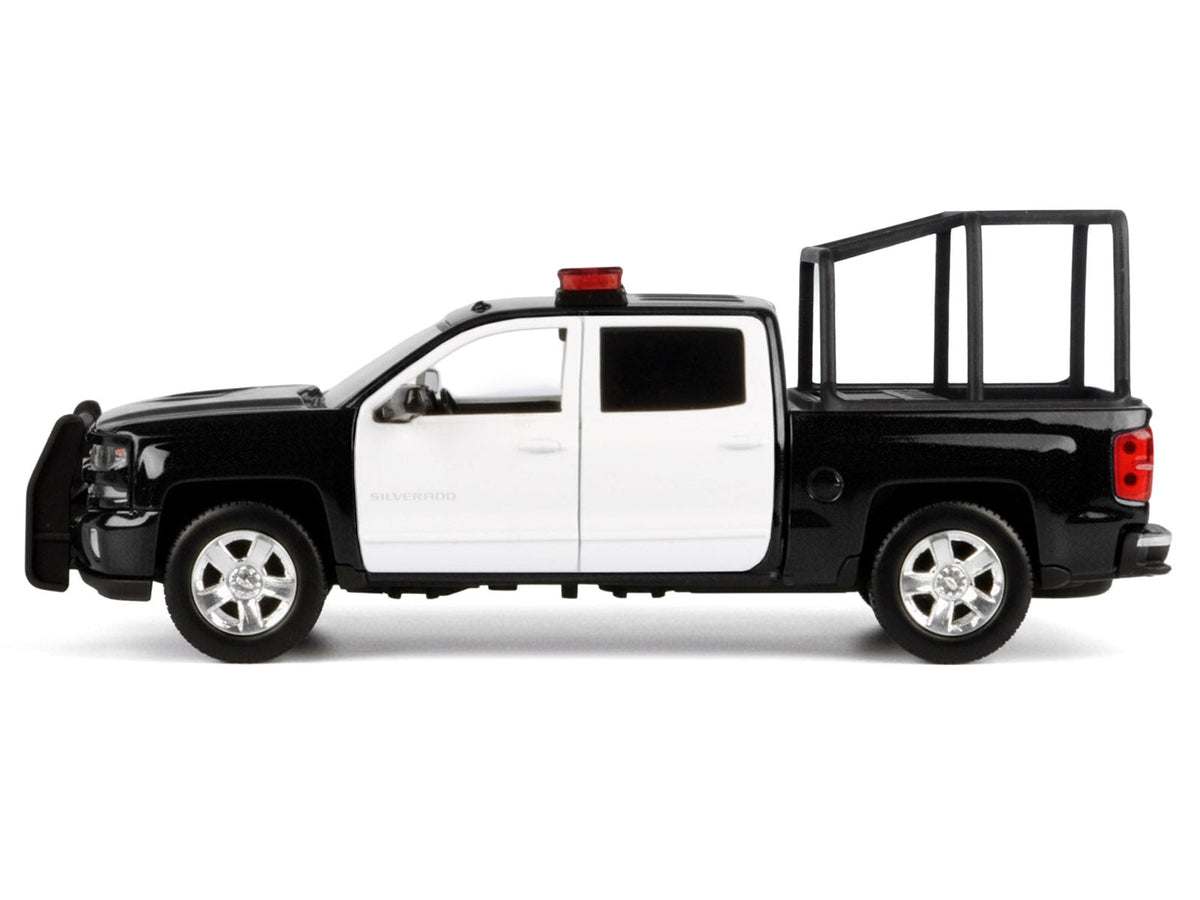 2017 Chevrolet Silverado 1500 LT Z71 Crew Cab Pickup Truck with Bed Cage Black and White with Flashing Light Bar and Front and Rear Lights and Sounds 1/27 Diecast Model Car by Motormax-Motormax-ModelCars.com