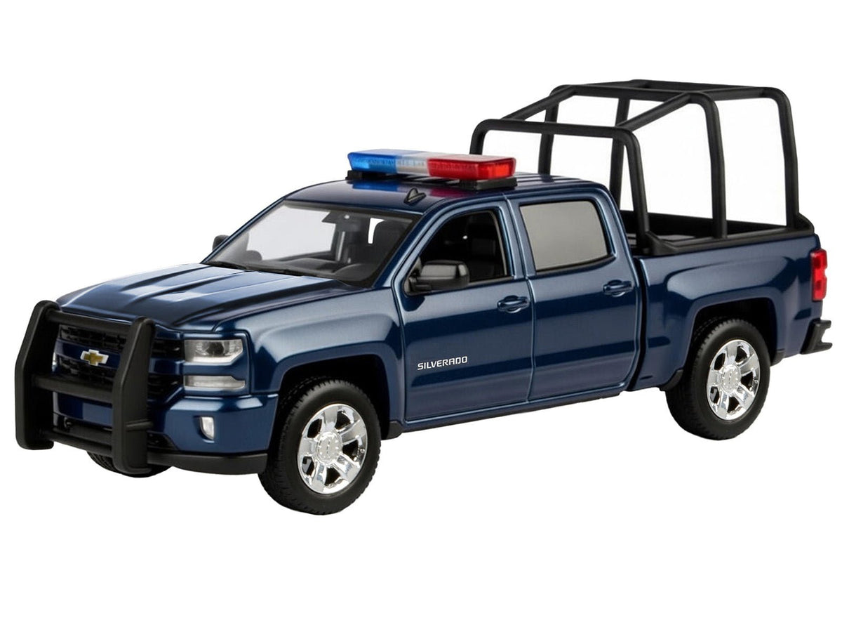 2017 Chevrolet Silverado 1500 LT Z71 Crew Cab Pickup Truck with Bed Cage Dark Blue with Flashing Light Bar and Front and Rear Lights and Sounds 1/27 Diecast Model Car by Motormax-Motormax-ModelCars.com