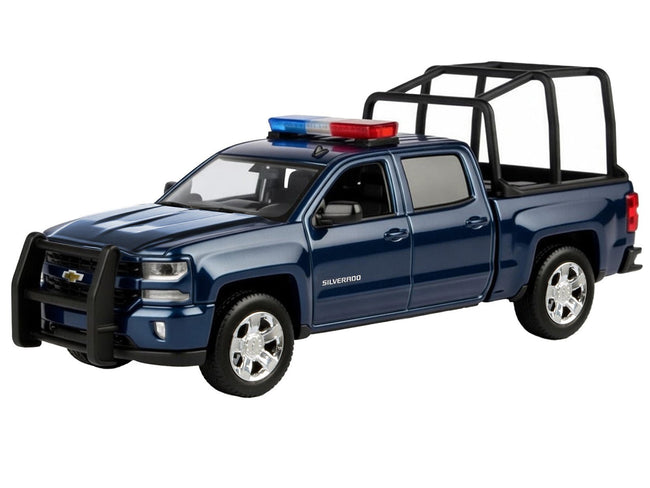 2017 Chevrolet Silverado 1500 LT Z71 Crew Cab Pickup Truck with Bed Cage Dark Blue with Flashing Light Bar and Front and Rear Lights and Sounds 1/27 Diecast Model Car by Motormax-Motormax-ModelCars.com
