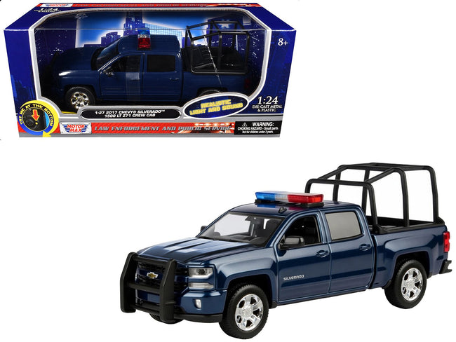 2017 Chevrolet Silverado 1500 LT Z71 Crew Cab Pickup Truck with Bed Cage Dark Blue with Flashing Light Bar and Front and Rear Lights and Sounds 1/27 Diecast Model Car by Motormax-Motormax-ModelCars.com