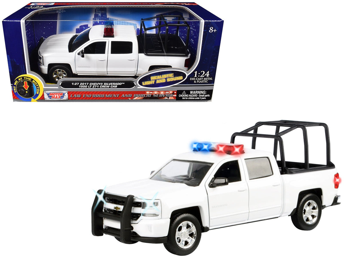2017 Chevrolet Silverado 1500 LT Z71 Crew Cab Pickup Truck with White with Flashing Light Bar and Front and Rear Lights and Sounds 1/27 Diecast Model Car by Motormax-Motormax-ModelCars.com